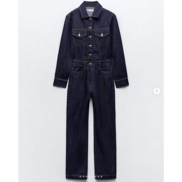 Dark Jean Denim Zara Button Front Chest Pockets Long Sleeve Pants Jumpsuit (NWT) - Picture 9 of 9